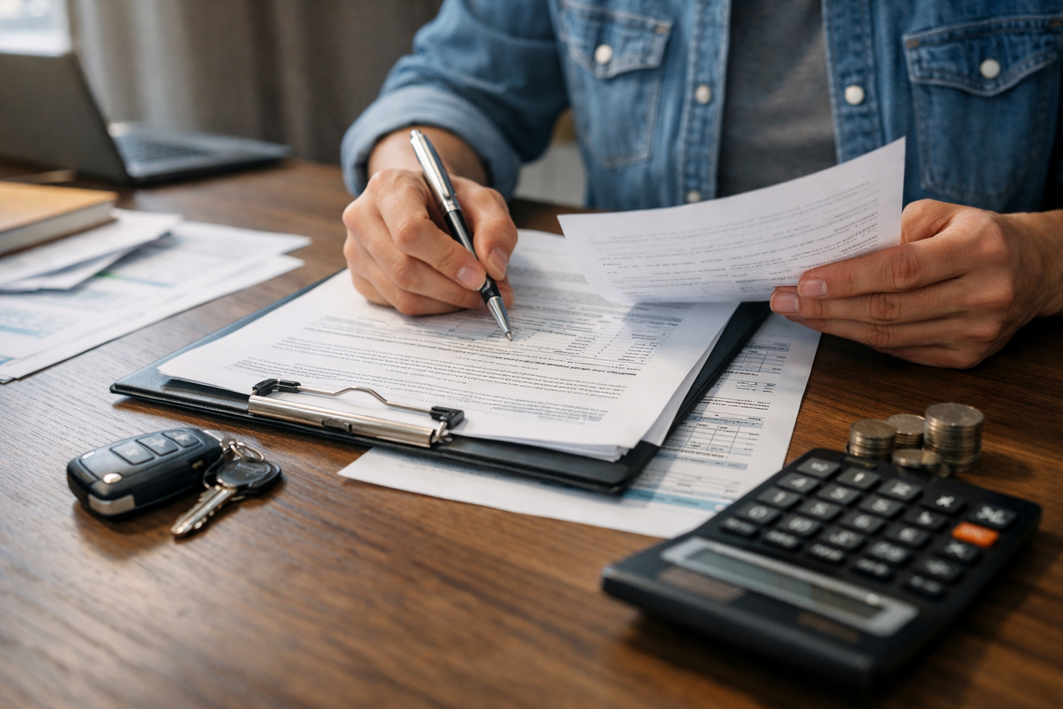 Documentos de financiamento de veículo com contrato e chave do carro