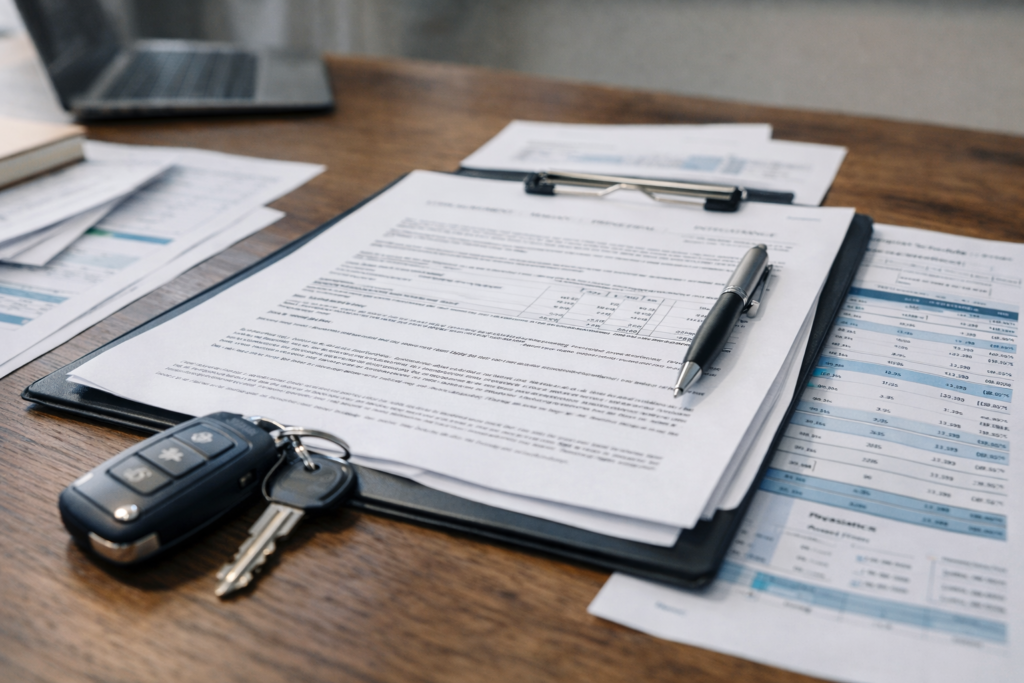 Documentos de financiamento de veículo com contrato e chave do carro