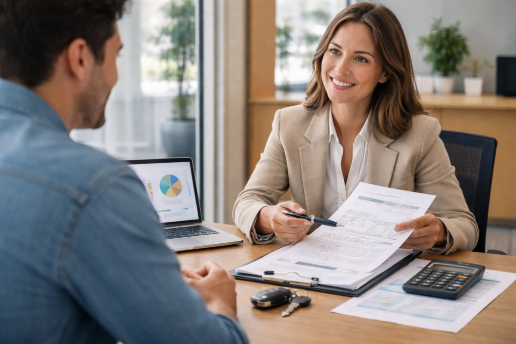 Cliente negociando financiamento de veículo com gerente de banco